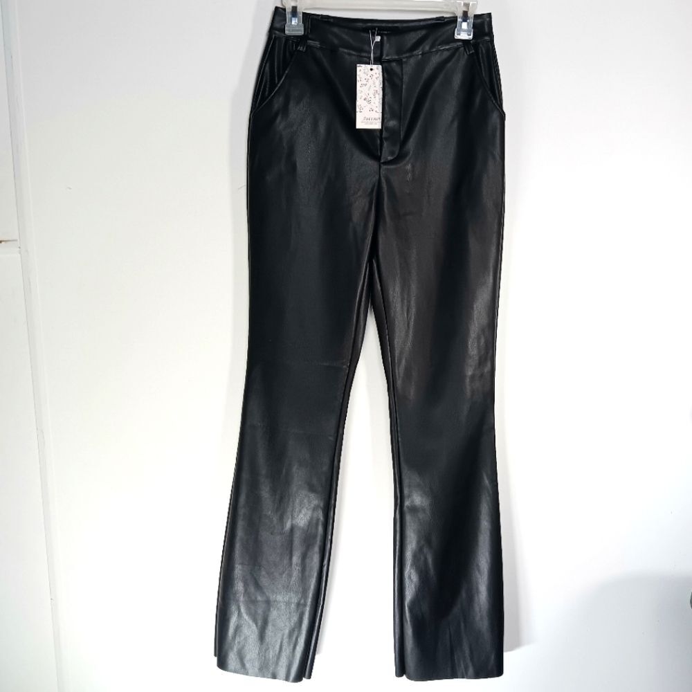 NWT Black Vegan Leather Wide Leg Pants High Rise Raw Hem Mobwife Old Money Small